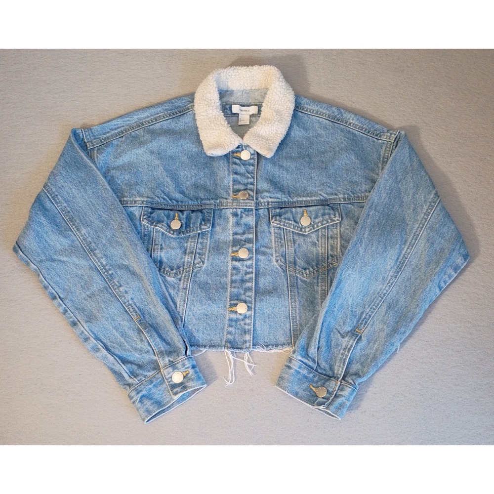 Forever 21 Y2K Cropped Lt Wash Denim Jacket Women S‎ Blue Sherpa Collar Raw Hem